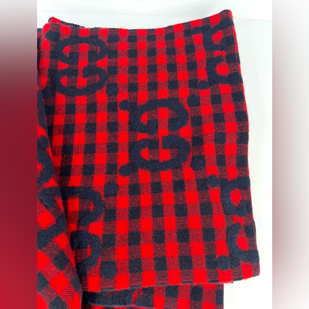 Gucci 644365 Red Blue Wool Jacquard Check GG Diamcheck Logo UNISEX Fringe Scarf - Picture 11 of 12